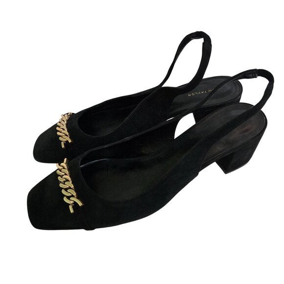 Ann Taylor Black Suede Gold Chain Square Toe Sling Back Shoes Size 9M - Picture 3 of 9